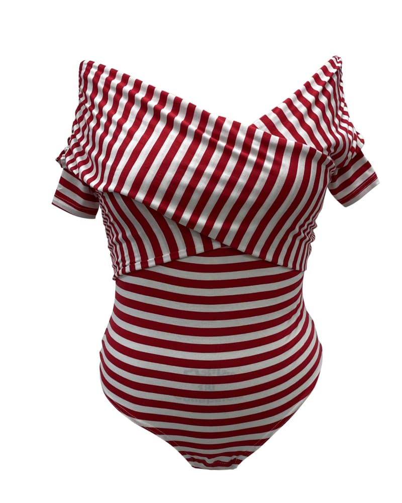 Front of a size 3X Unique Vintage Red & White Striped Off Shoulder Daydreamer Bodysuit in Red by Unique Vintage. | dia_product_style_image_id:295270